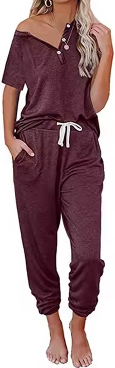 Boncy® Pyjama Set Dames Loungewear Vtop Rood - Pyama Nachtkleding Volwassenen - Pyjamabroek Meisje - Maat S