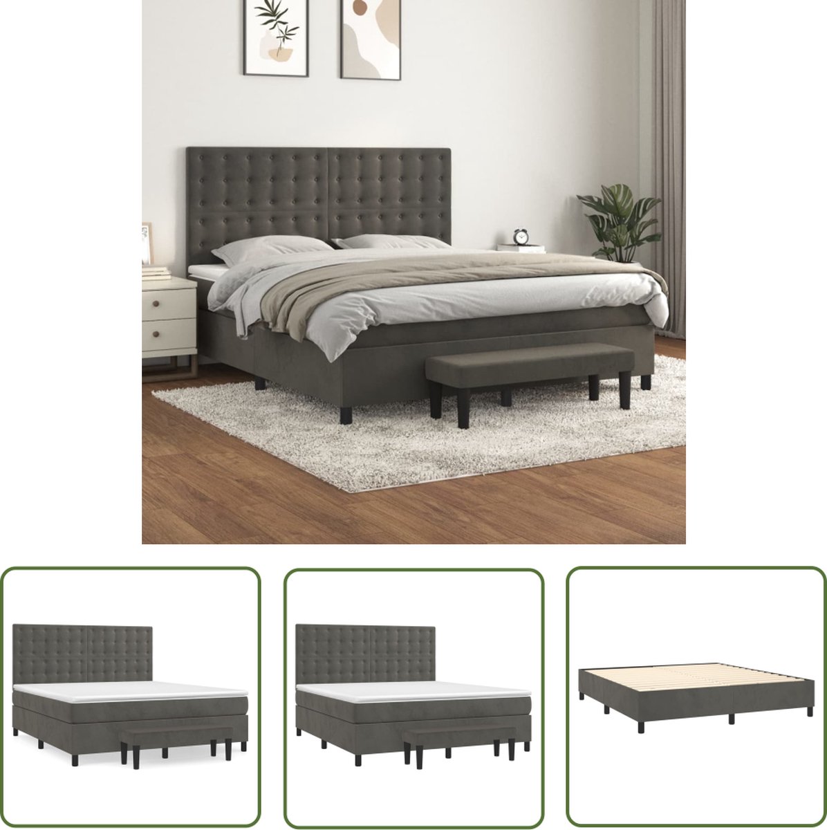The Living Store Boxspringbed - Donkergrijs - 203 x 160 x 118/128 cm - Zacht fluweel