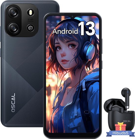 Oscal Blackview Flat 1C 6.517'' 4GB+32GB-SD 1TB 8MP+5MP 4700mAh Android 13 Dual SIM Moonshade Black Met oortelefoon HiBuds 5 Blackview