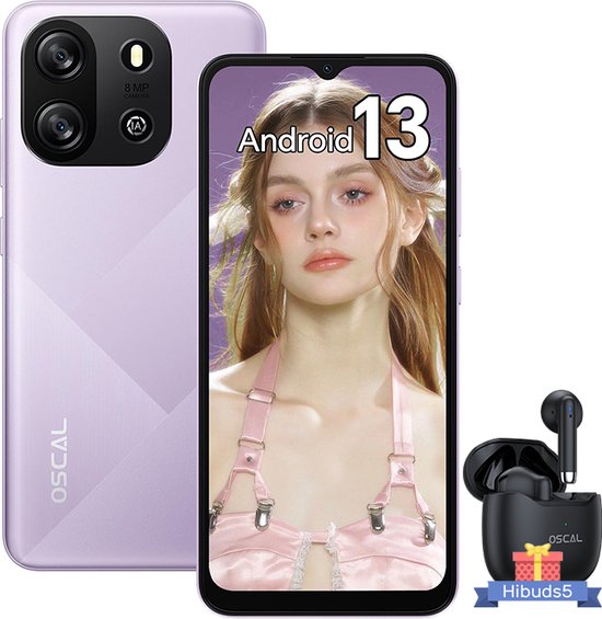 Oscal Blackview Flat 1C 6.517'' 4GB+32GB-SD 1TB 8MP+5MP 4700mAh Android 13 Dual SIM - Crystal Purple Met oortelefoon HiBuds 5 Blackview