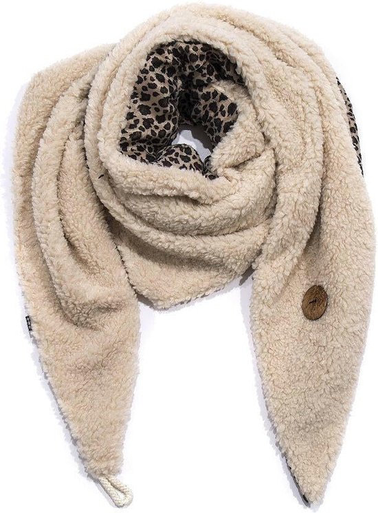 Winter Sjaal - Driehoek Sjaal - Dames Sjaal - Teddy Sjaal - Tweezijdig Sjaal - Luipaard Print - Beige - Trend Sjaal - Winter Mode