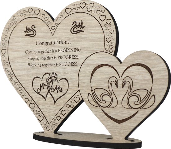Hartjes Mr & Mrs - zwanen koppel - houten wenskaart - kaart van hout - huwelijk - cadeau - 17.5 x 25 cm