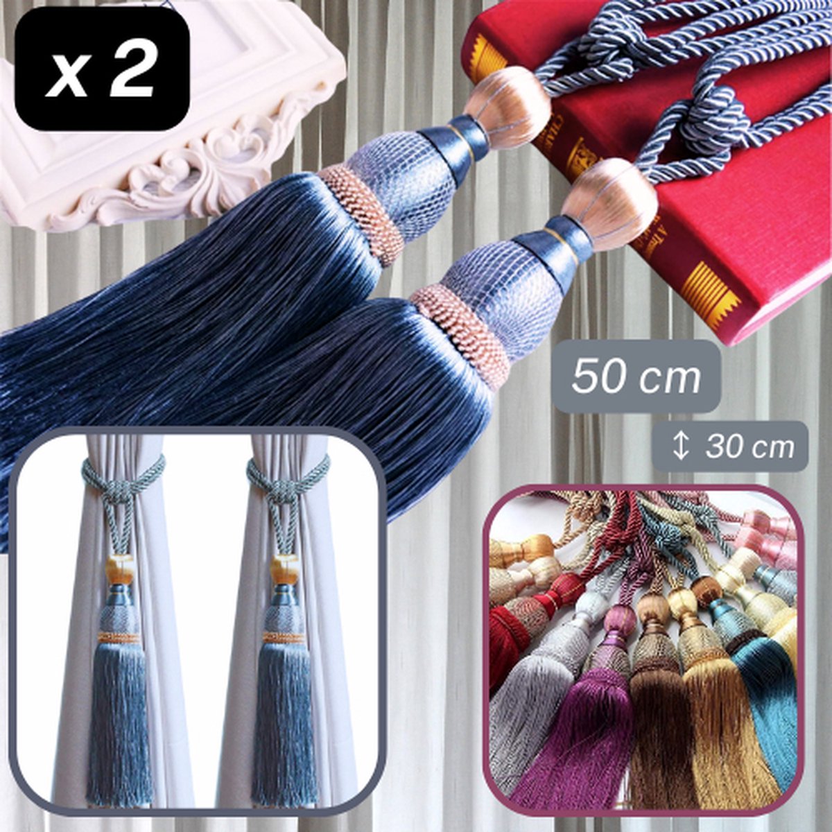 1 PAAR LUXE GORDIJNHOUDERS/EMBRASSES GORDIJN, GORDIJNKOORD om te Knopen, Lengte 50CM, Lengte FLOCHE/TASSEL 30CM, Kleur BLAUW