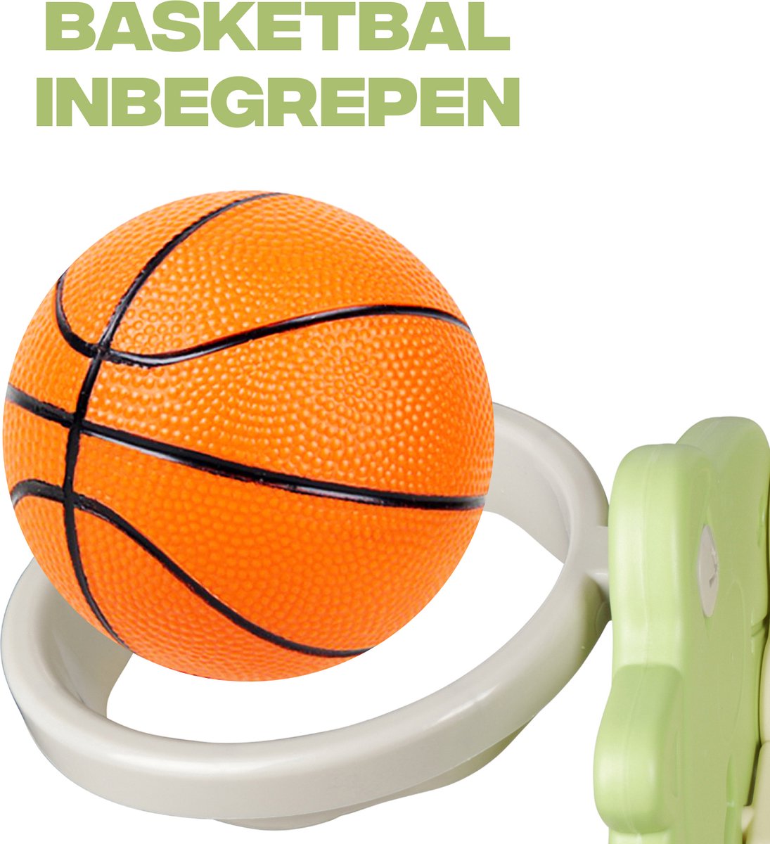 Rockerz Premium Glijbaan - Voor binnen en buiten - Speelplezier gegarandeerd - Opvouwbaar - Veilige dichte trap - Ringen spel - Basketbal ring (inclusief bal) - Muziek beertje - Kleur: Lichtgroen — afbeelding 6