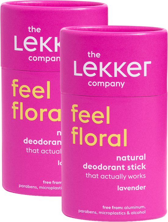 Twee roze deodorantstokken van The Lekker Company met 'feel floral' en 'lavender' opdruk.
