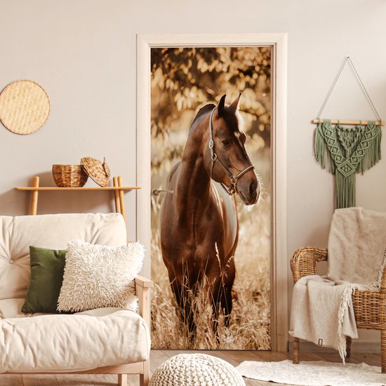 Sticker porte enfant - Sticker enfant - Décoration porte enfant - Cheval - Soleil - Portrait - Nature - Marron - 75x205 cm - Décoration chambre enfant