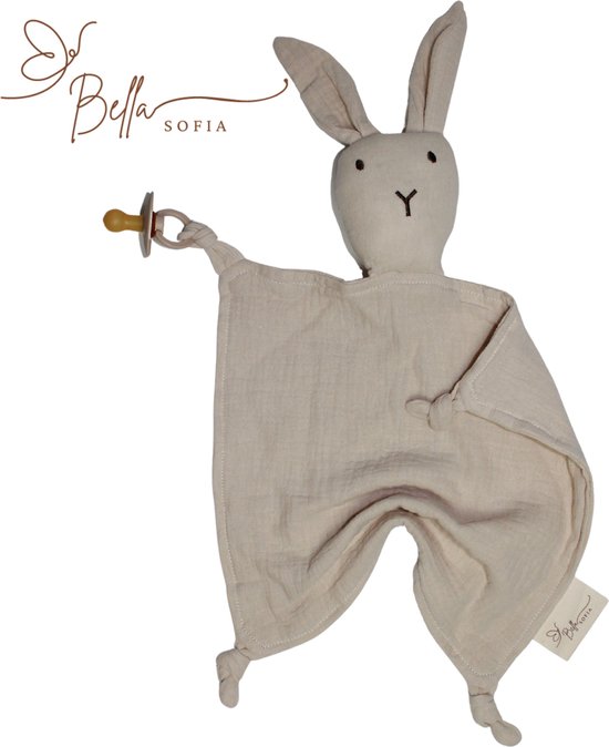 Bella Sofia® - Soof het Knuffelkonijn – Knuffeldoekje Beige – Biologisch Katoenen Hydrofiel Speendoekje – Perfect Kraamcadeau – Babyshower Cadeau – Veilig Baby Speelgoed