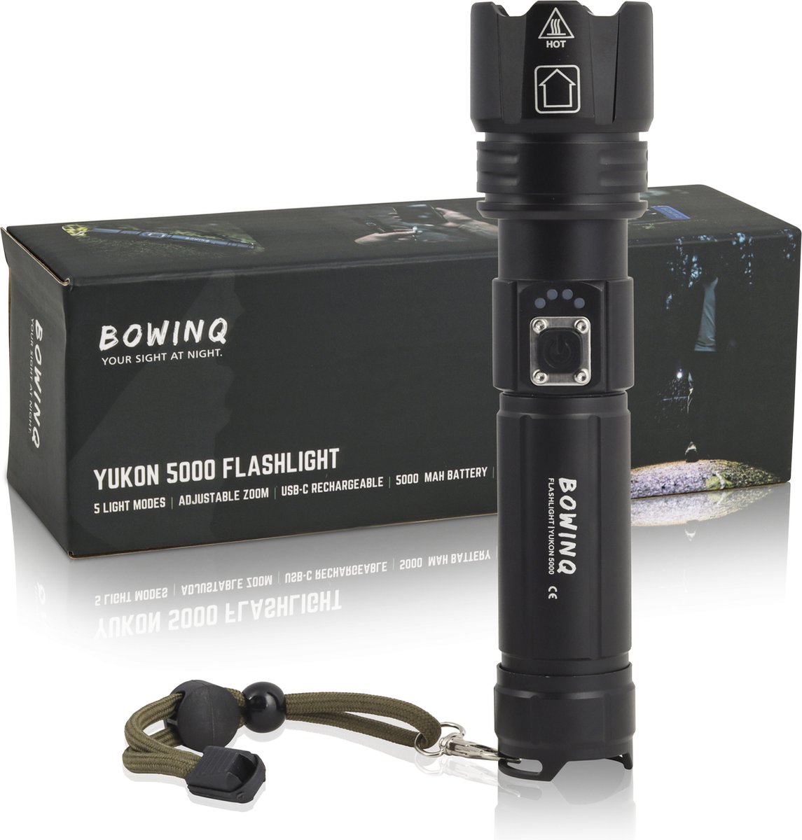 BOWINQ® - Yukon 5000 - Zaklamp - LED - Oplaadbaar - USB-C - 2000 Lumen – Zoomfunctie - 5 lichtstanden
