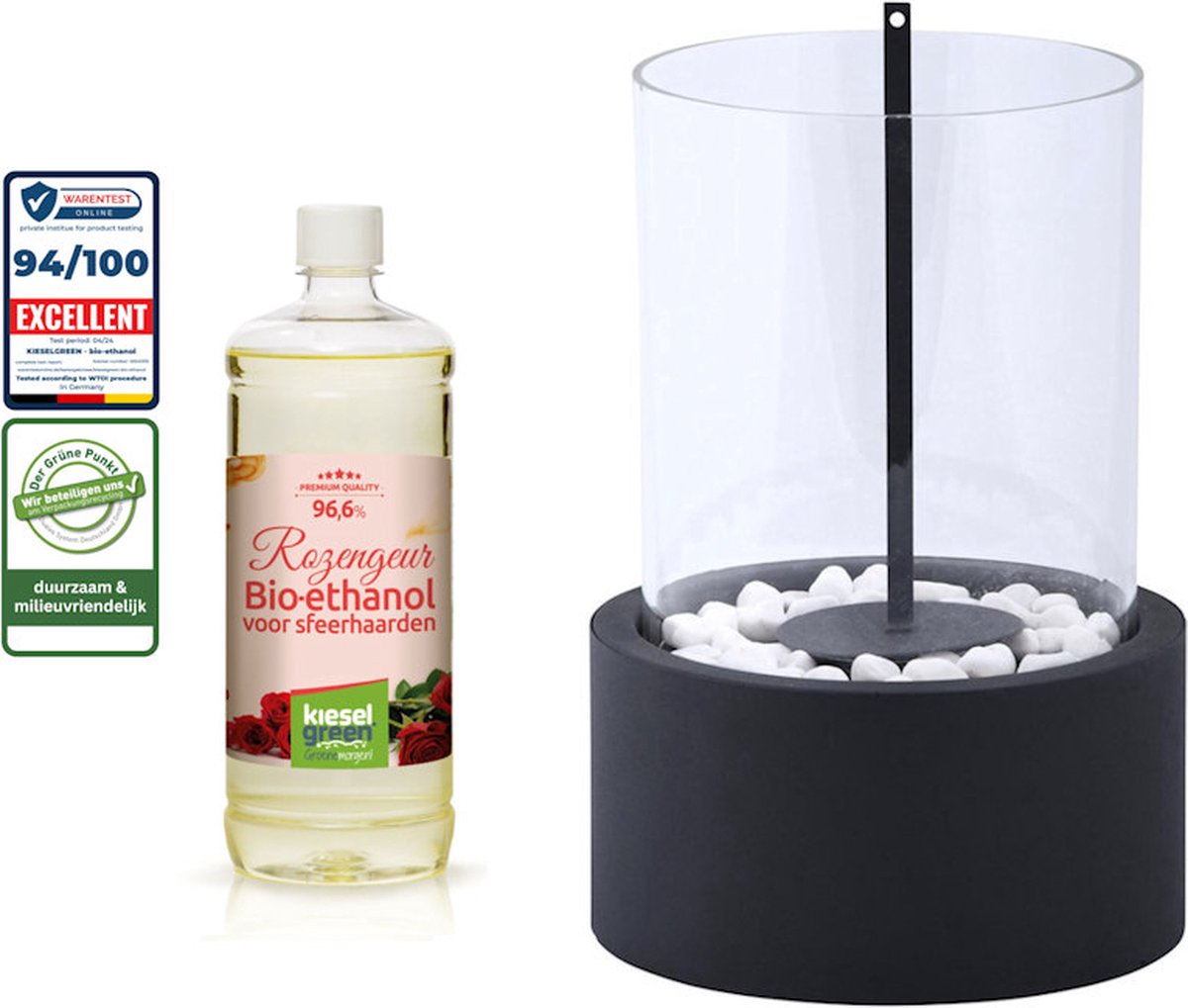 Bol.com Fancy Flames Bioethanol sfeerhaard zwart rond glas 27x16cm met decoratiestenen + 1 liter KieselGreen Bioethanol premium ... aanbieding