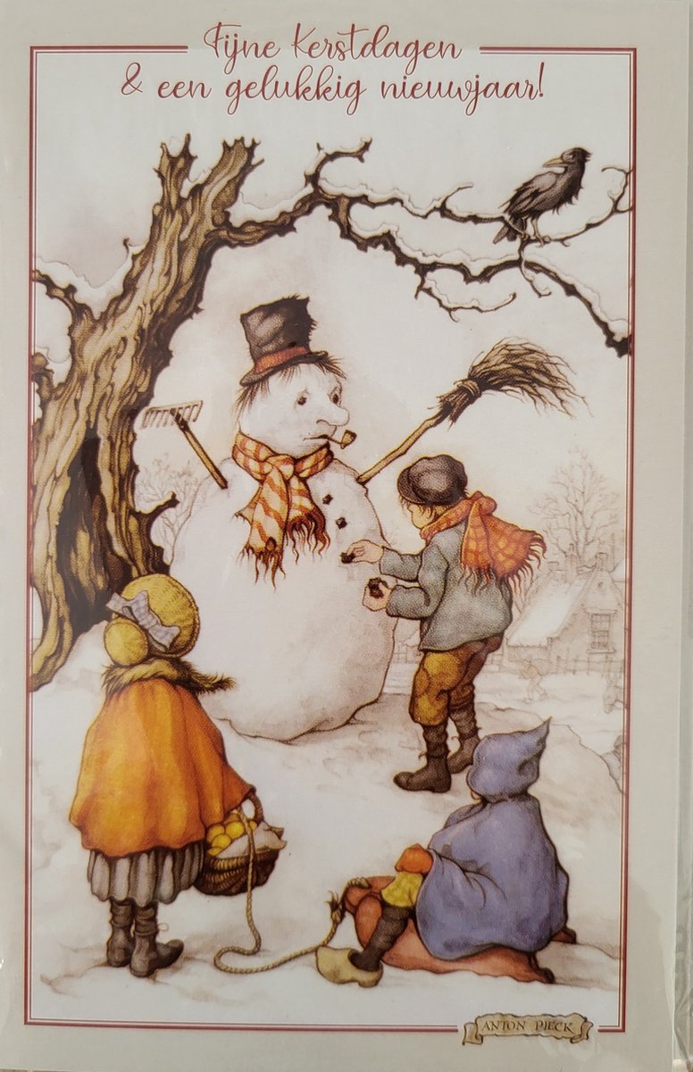 Kerstkaarten Anton Pieck - sneeuwpop - 8 dubbele kerstkaarten met 8 enveloppen Fijne Kerstdagen