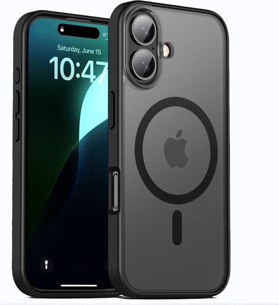 Transparante hoes met zwart frame voor iPhone, met MagSafe-logo en scherm.