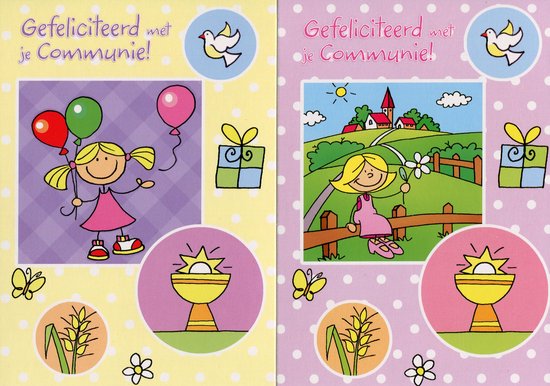 Communiewens met twee kaarten, een met een meisje met ballonnen en een met een meisje in een landschap. Beide met tekst 'Gefeliciteerd met je Communie!'.
