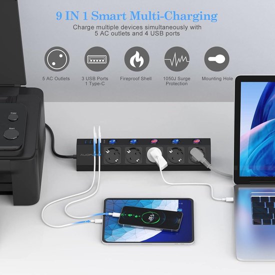 FDTEK 7-in-1 roze meervoudige stekkerdoos met USB