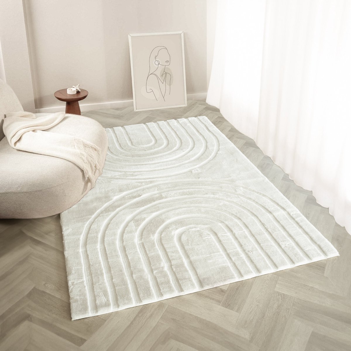 flycarpets Zacht hoogpolig vloerkleed - Bohemian Arches Crème Japandi - Woonkamer tapijt - 160x230 cm Creme