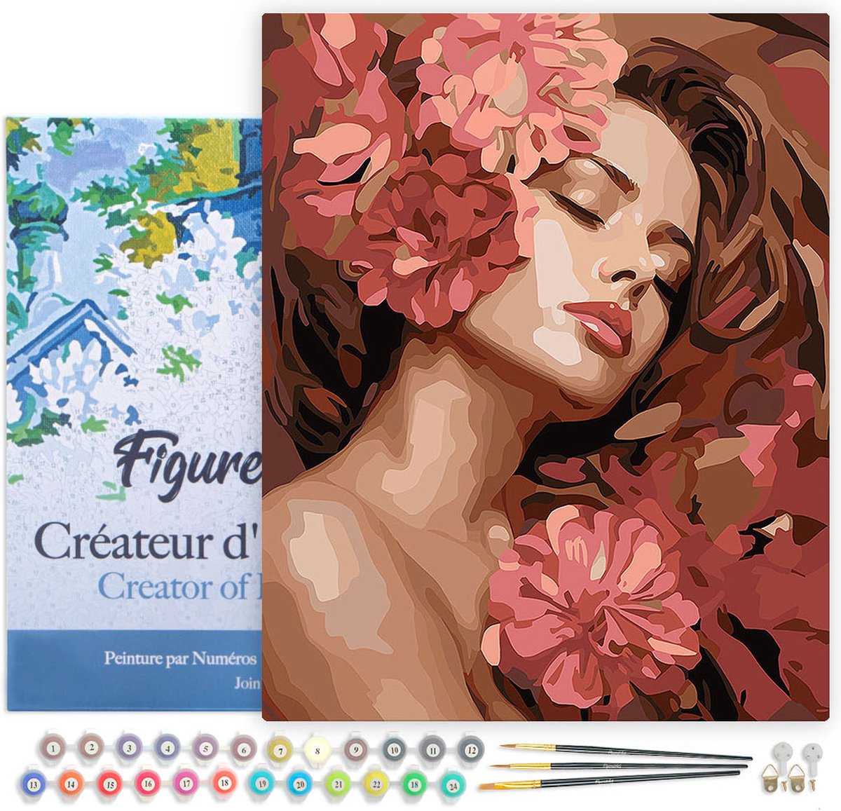 Figured'Art Schilderen op Nummer Volwassenen met lijst Camelia's Slapende Schoonheid - Handwerk acrylverf Kit DIY Compleet - 40x50cm Canvas al ingelijst