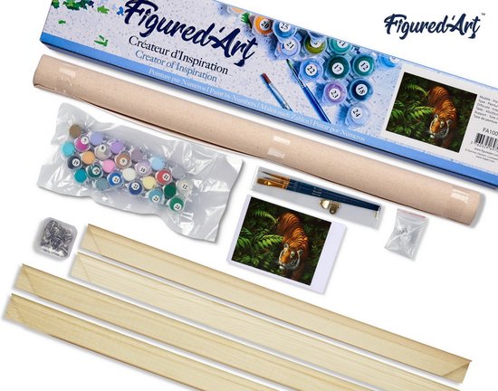 Figured'Art Schilderen op Nummer Volwassenen canvas Tijger in de varens - Handwerk acrylverf Kit DIY Compleet - 40x50cm met DIY houten lijst