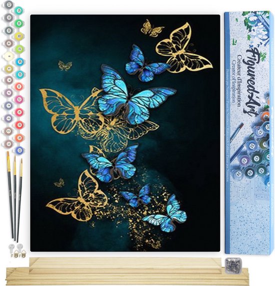 Compleet schilder op nummer pakket met gouden en blauwe vlinders, potjes verf en penselen.