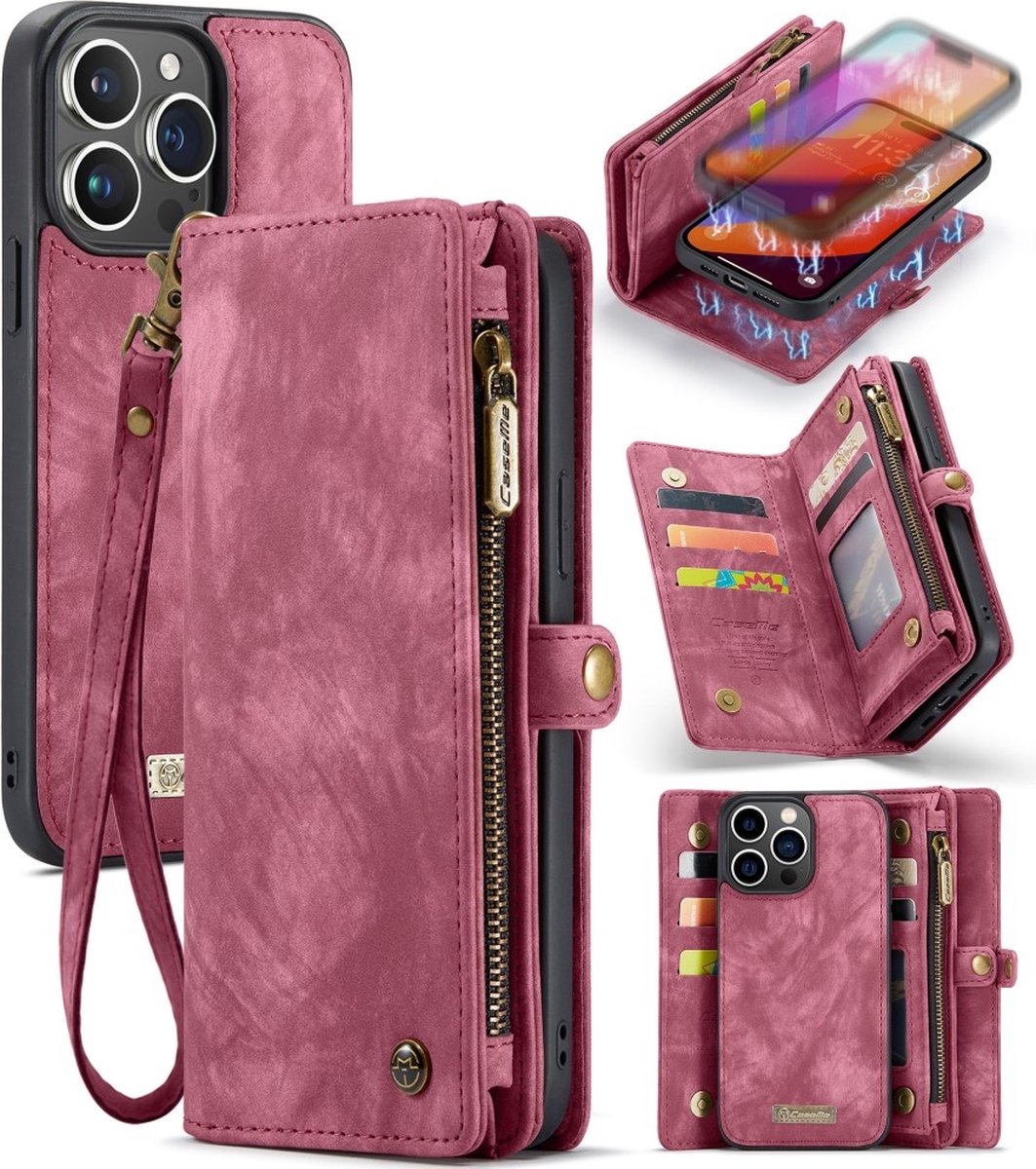 Caseme Geschikt voor iPhone 16 Pro Max hoesje - Vintage 2 in 1 portemonnee - Rood