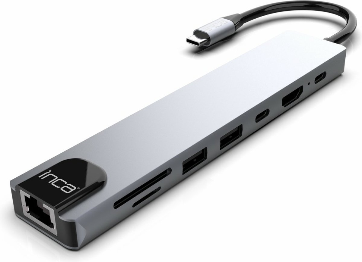 BasicTeQ: Inca ITPC-7T interface hub USB Type-C 1000 Mbit/s Aluminium. USB C Hub 3.0 – 8 Poorten - USB Splitter met Ethernet - USB C naar HDMI - USB Hub 3.0 - Docking Station Laptop - Micro SD Card Reader - HDMI 4K - Grijs