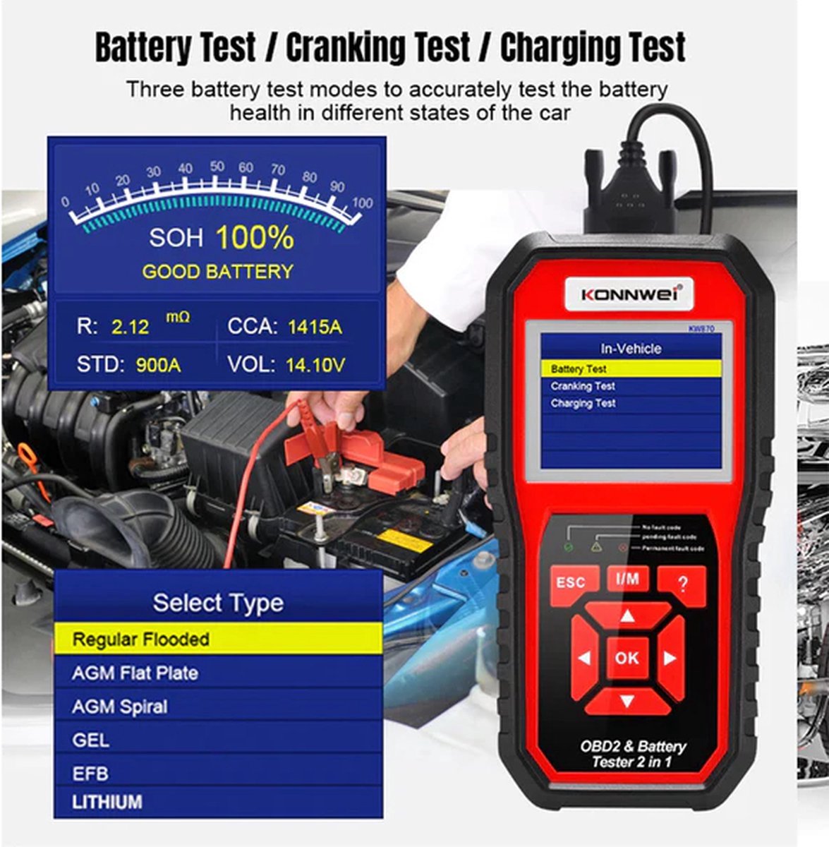 Konnwei KW870 2 in 1 Auto/Motor OBD2 Scanner + Accu Tester thumbnail 2