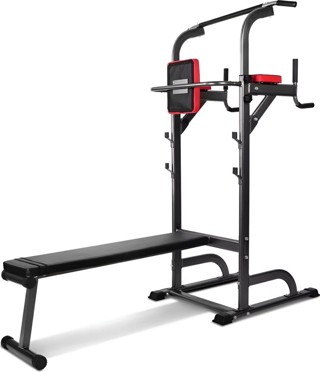 Mobiclinic Domifit - Krachtstation met trainingsbank - Power Tower - Pull Up Station - Fitnessbank - Dip Station - Halterbank - Pull Up Bar - Hometrainer - Verstelbare hoogte - Antislip - Opvouwbaar - Multifunctioneel
