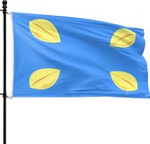 Blauwe vlag met vier gele bladeren, met een oranje rand.
