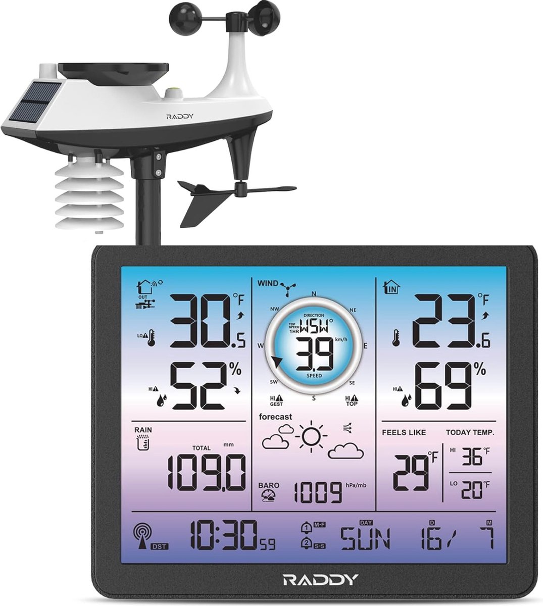 Draadloos Weerstation met 6-in-1 Buitensensor voor Temperatuur, Vochtigheid, Barometrische Druk, Regenmeter, Windsnelheid en -richting - 7,4-inch Display met Atomaire Radioklok