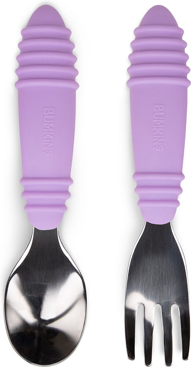 Goedkoopste Bumkins - kinderbestek 2-delig, lepel en vork - rvs en siliconen - lavendel