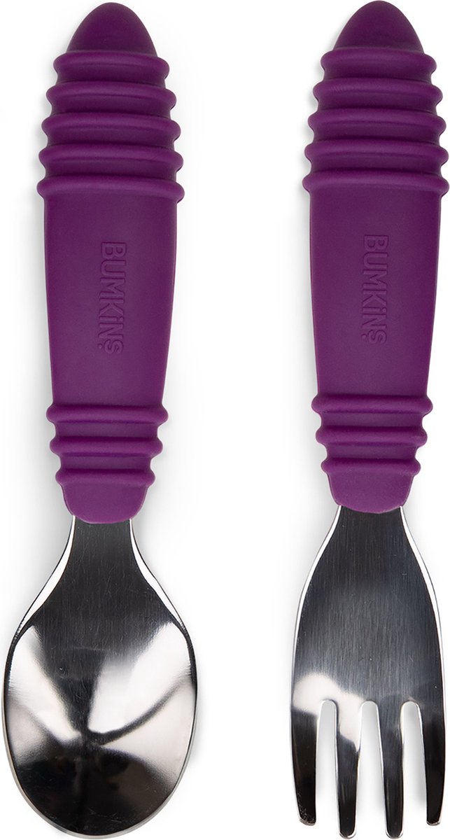 Goedkoopste Bumkins - kinderbestek 2-delig, lepel en vork - rvs en siliconen - paars