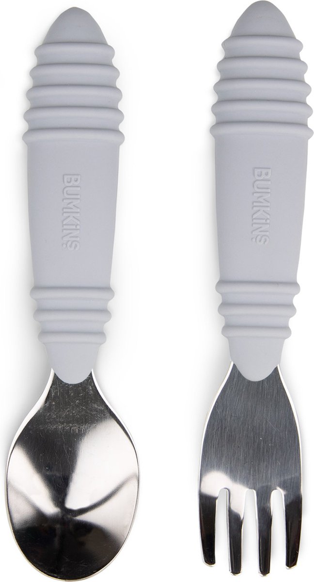 Goedkoopste Bumkins - kinderbestek 2-delig, lepel en vork - rvs en siliconen - grijs