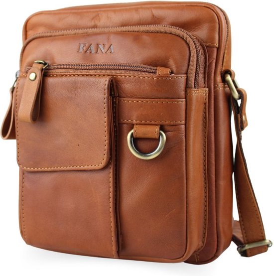Fana Bags Sac à Bandoulière en Cuir Cognac - Sac Homme Plusieurs Compartiments - Sac Bandoulière Cuir - Sac pour Femme/Homme