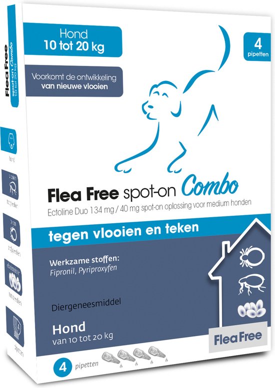 Flea Free Spot-on Combo Anti Vlooien en Teken Druppels Hond 10-20 kg - 4 pipetten