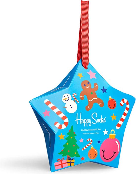 Stervormige geschenkdoos van Happy Socks met afbeeldingen van kerstdecoraties en gingerbread man.