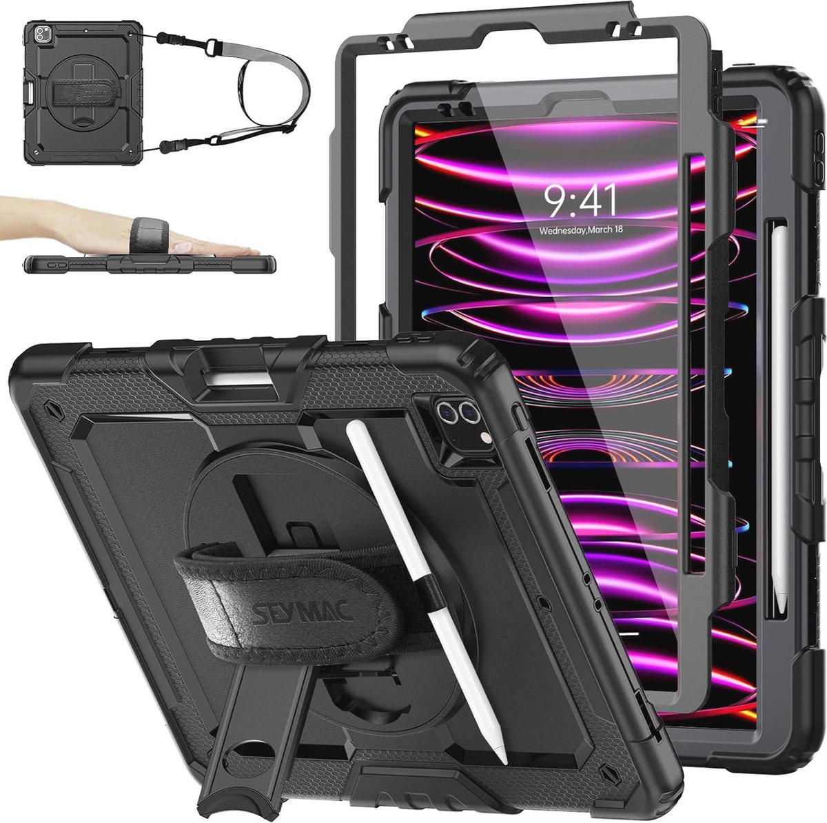 Schokbestendig Hoesje voor iPad Pro 12,9 inch | 360° Draaibare Standaard | Inclusief Schermbeschermer en Potloodhouder