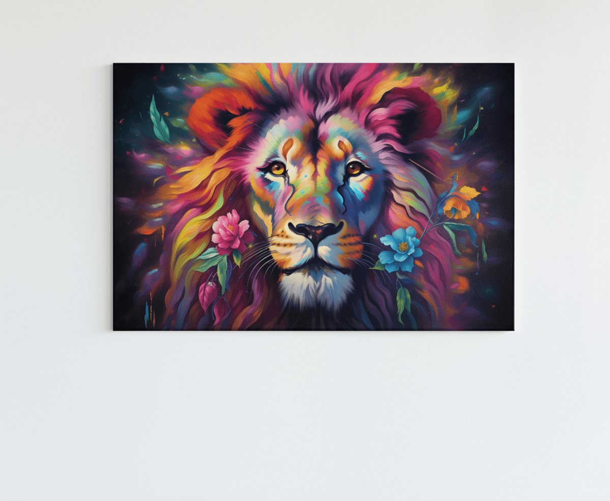 Canvas Schilderij - Dieren - Kleurrijke Leeuwenkop - 120x80x2 cm