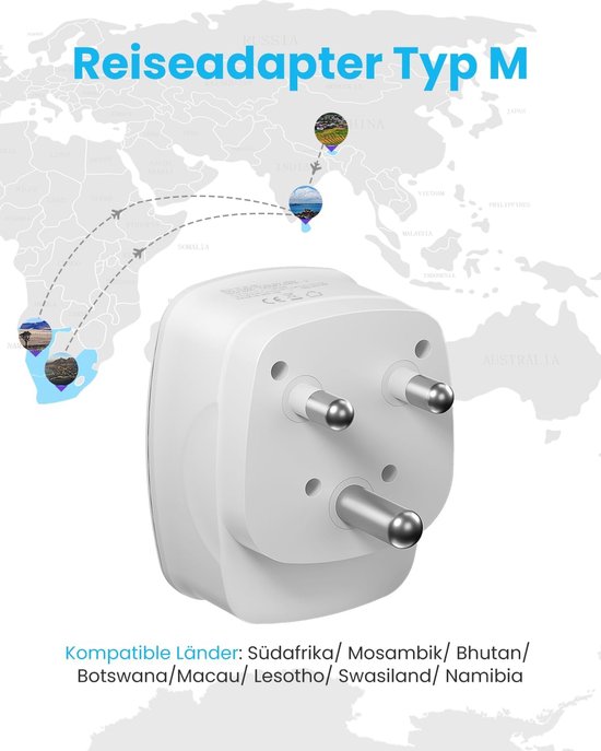 1PC Deutschland nach Südafrika Adapter, Reiseadapter Typ M mit 3 USB und 1USBC