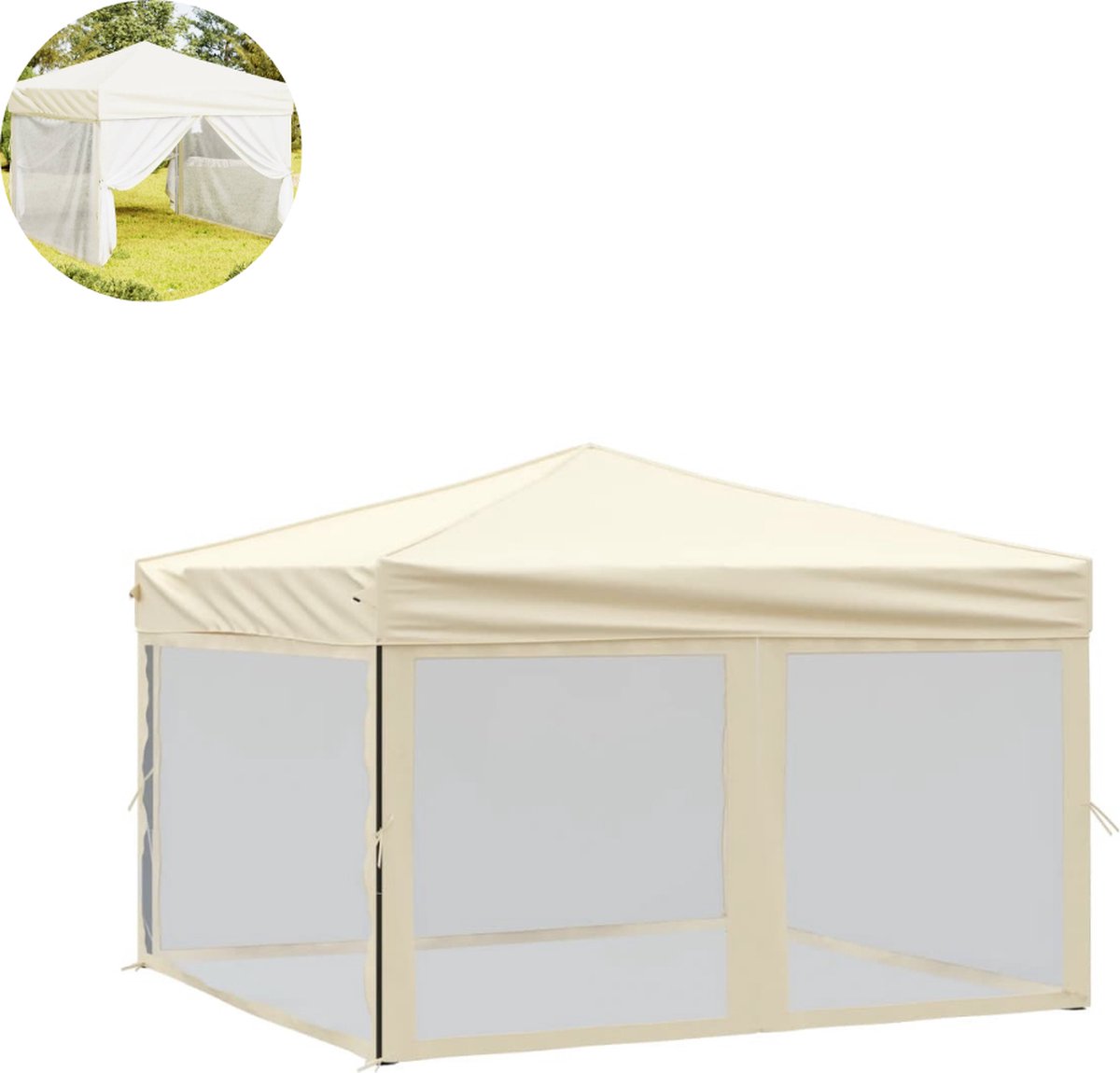 LBB Partytent opvouwbaar Paviljoen 3x3 Easy up Waterdicht met Zijwanden Weerbestendig Crème