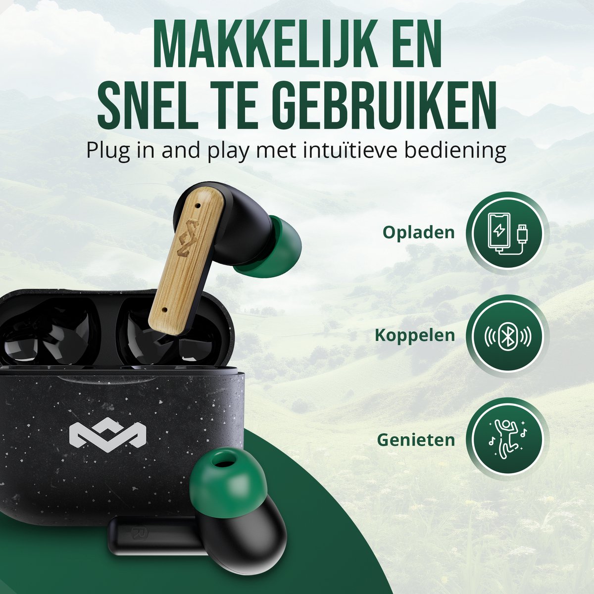 House of Marley Little Bird Oortjes Draadloos - 24 uur Batterijduur - Draadloze Oordopjes - Bluetooth - Eco Friendly Design - Quickcharge - Touchbediening - Zwart – foto 5