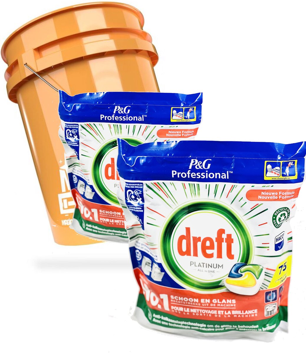 Goedkoopste 150 Dreft Platinum All in One Vaatwas capsules. Nu met 16 Ltr was emmer met deksel twv € 25,- , voor het veilig en droog opbergen van de capsules