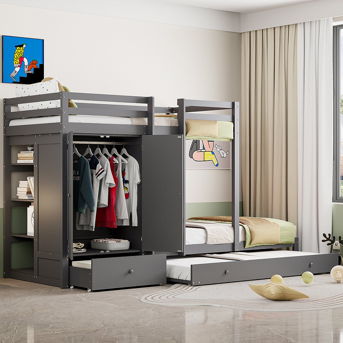 KOMHTOM Stapelbed Kinderbed met Uitschuifbaar bed 90x200 cm en kleerkast laden en opbergvak Grijs