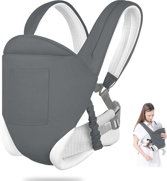 Porte-bébé gris avec maille blanche. Une femme porte un bébé dans le porte-bébé.