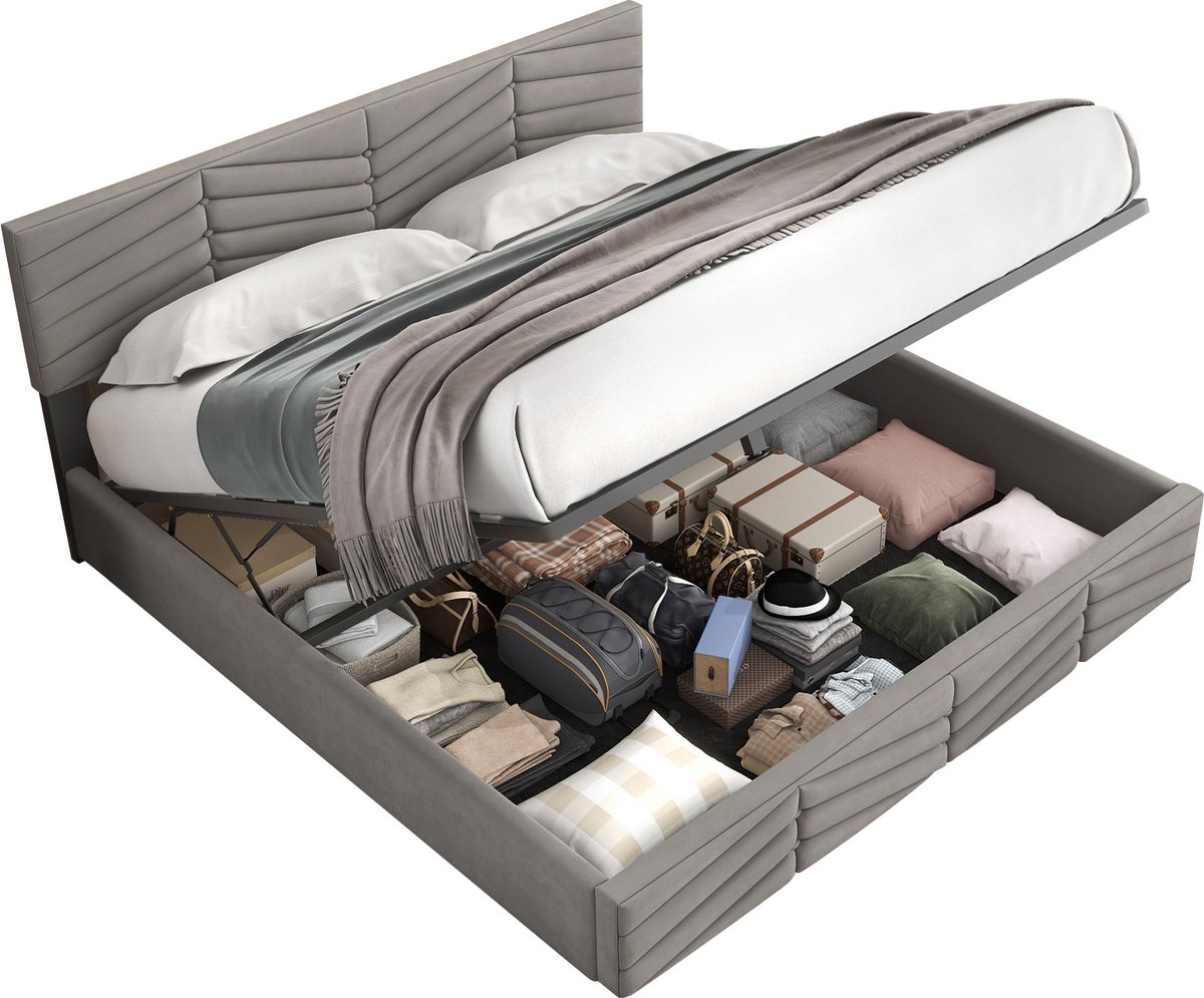 Merax Gestoffeerd Bed - Hydraulisch Doppelbed 160x200 cm met Verstelbaar Hoofdbord - Moderne Europese Stijl met Strepen en Knopen - Beige Fluweel