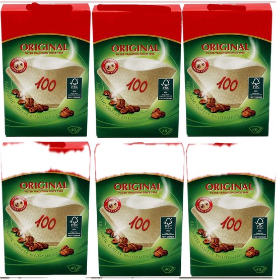 Verpakking met zes dozen koffiefilters. Elk met "ORIGINAL" en "100" erop.