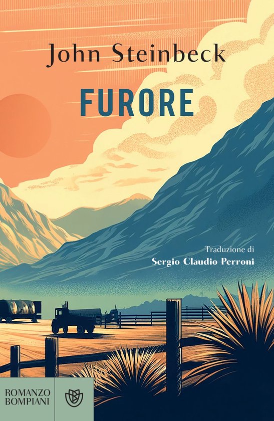 Couverture du livre "Furore" de John Steinbeck, avec une illustration de camions dans un paysage montagneux au coucher du soleil.