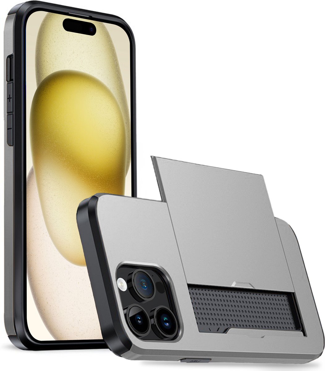 Hoesje Geschikt voor iPhone 15 Pro Max Hoesje Case Pashouder Hard Cover - Hoes Geschikt voor iPhone 15 Pro Max Hoesje Met Kaarthouder - Grijs