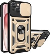 BixB hoesje geschikt voor iPhone 15 Plus met Ringhouder en Camera schuifje backcover - Goud