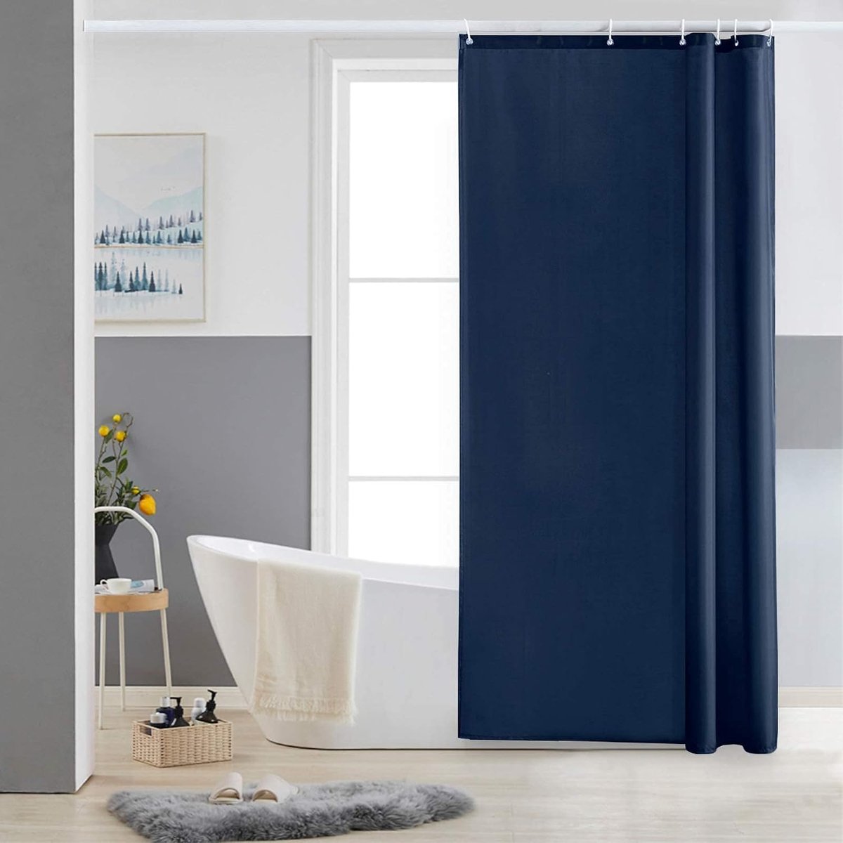 douchegordijn voor hoekdouche en kleine badkuip, badgordijn, textiel van polyester, schimmelbestendig, waterafstotend en wasbaar, donkerblauw, 90 x 180 cm, met 6 douchegordijnringen