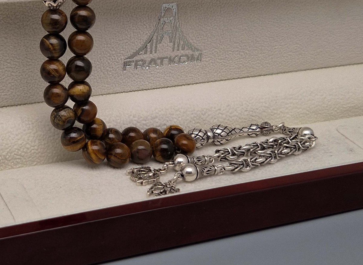 Tesbih Natuursteen Tijgeroog en 925 zilver met tassel Haviken Aantal kralen 33 Diameter kralen 8mm