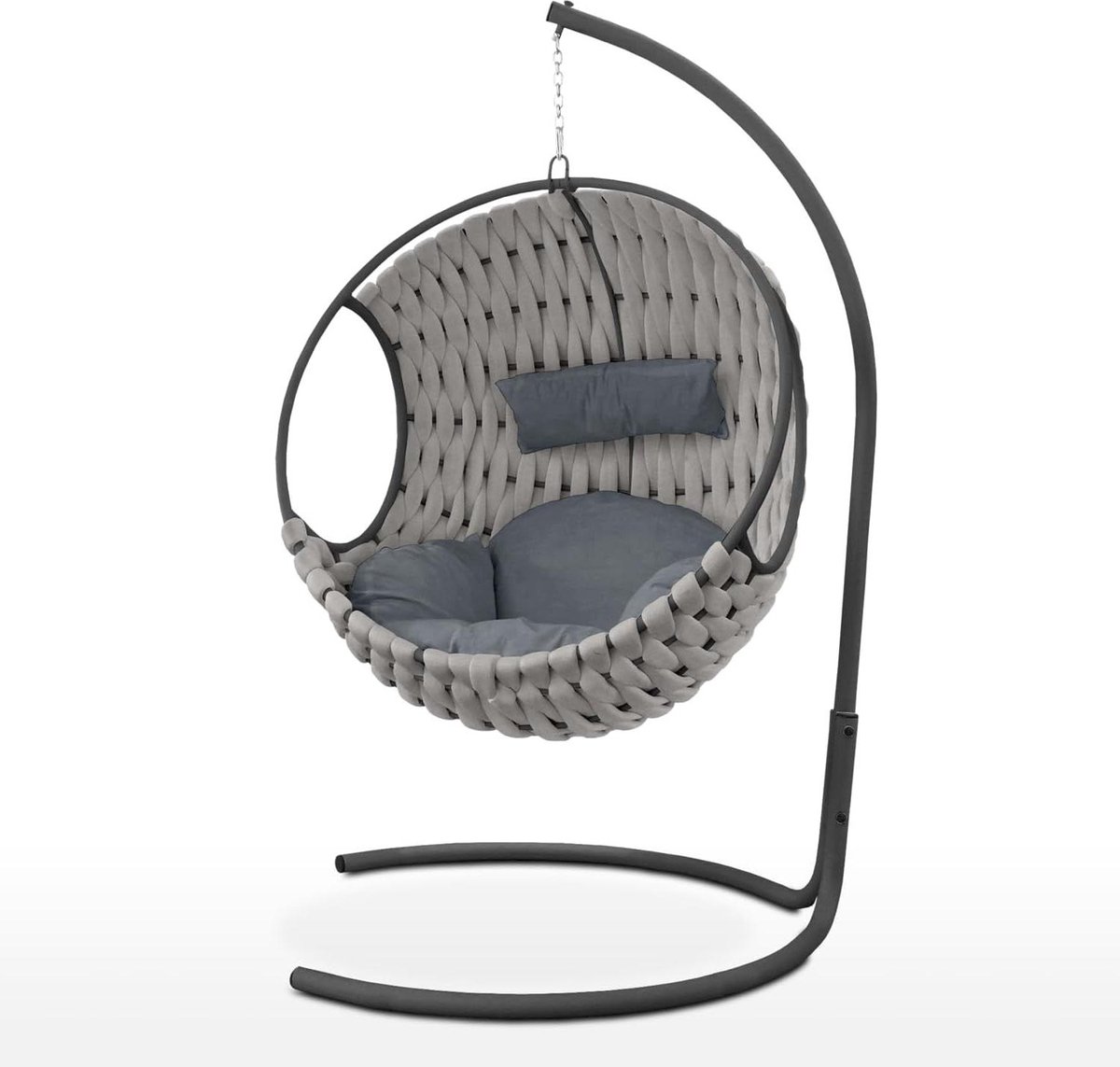 Hangstoel cocoon stof handgevlochten schommelstoel voor binnen en buiten frame van staal grijze kussens hangstoel cocoon