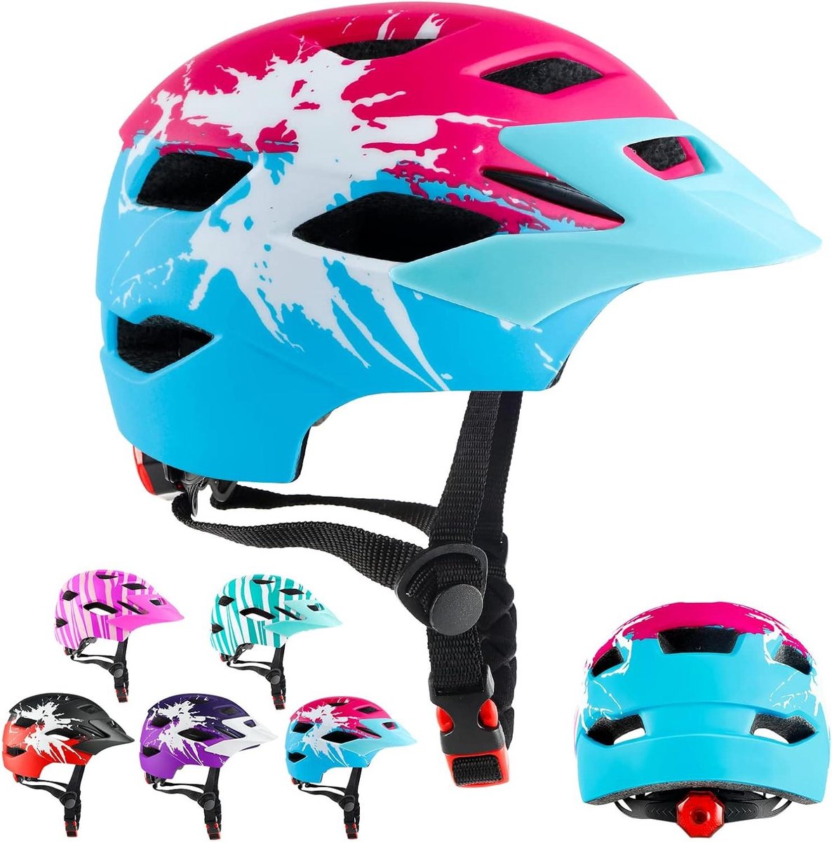 Kinderhelm fietshelm voor kinderen van 4-15 lichtgewicht Mountain fietshelm met achterlicht verwijderbaar vizier 48-56CM Piros+Kék